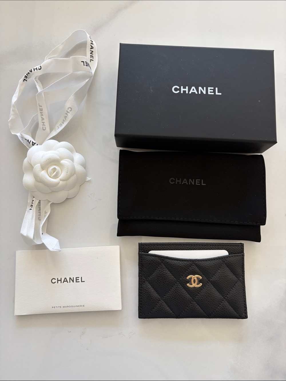 New CHANEL caviar Black Quilted Card Case with Gold CC Emblem